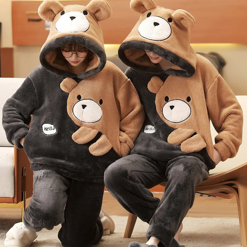 Plush Winter Couple Pajama Set with Cartoon Panda Design