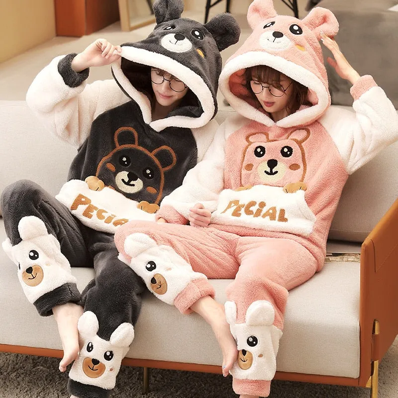 Plush Winter Couple Pajama Set with Cartoon Panda Design