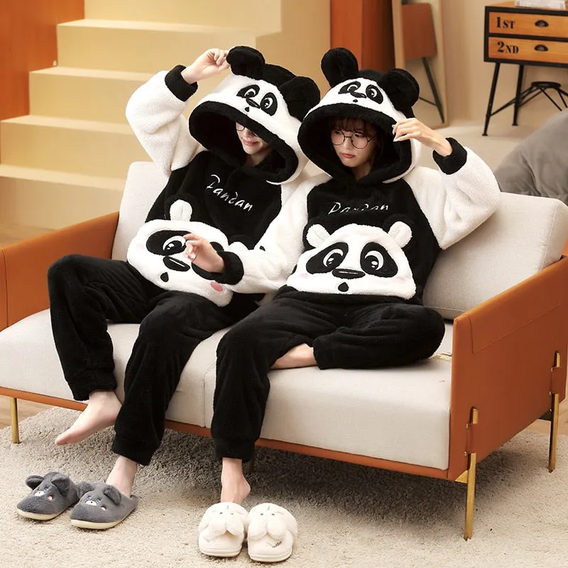 Plush Winter Couple Pajama Set with Cartoon Panda Design