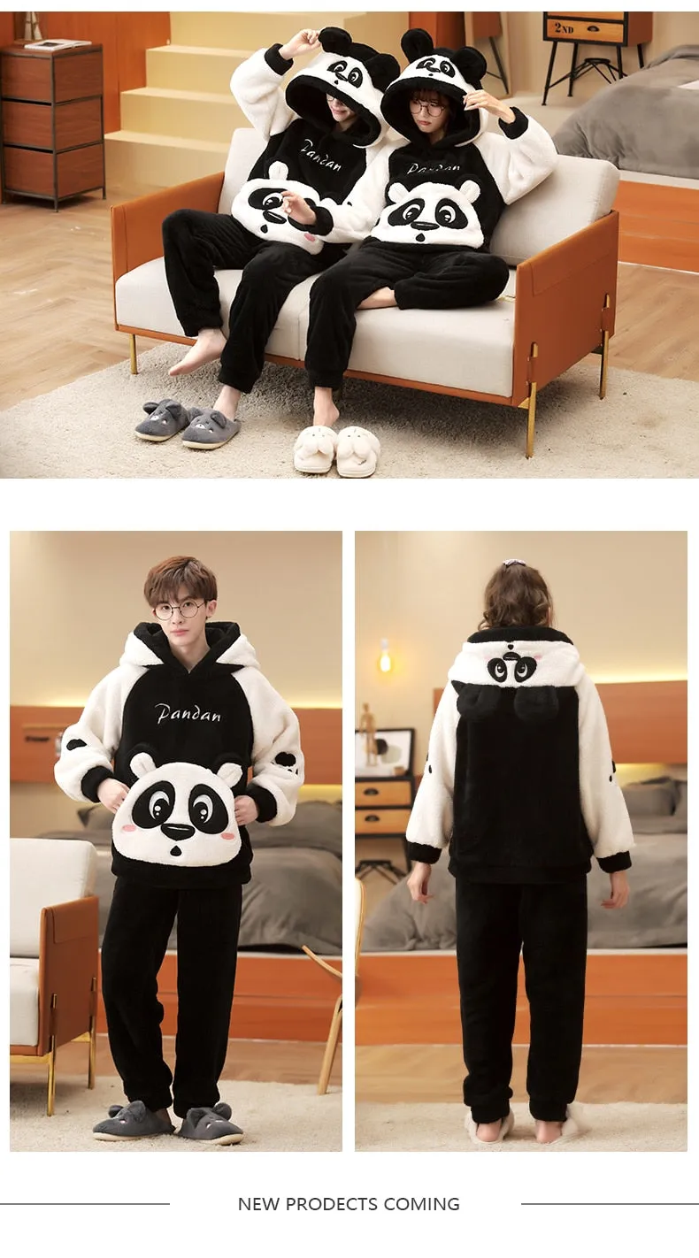 Plush Winter Couple Pajama Set with Cartoon Panda Design