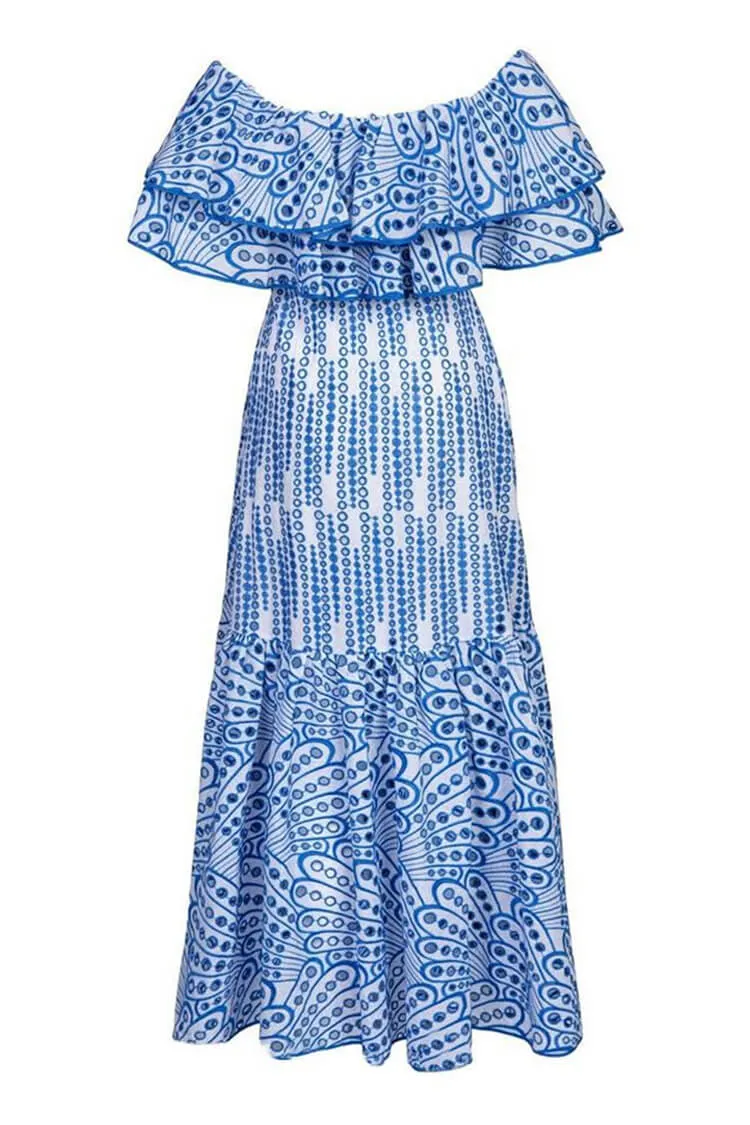 Swing Layered Ruffle Off Shoulder Broderie Anglaise Boho Chic Maxi Dress